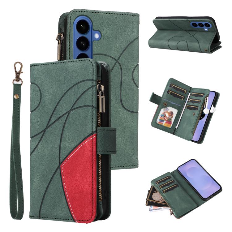For Samsung Galaxy S26 5G Dual-color 9 Card Slots Zipper Wallet Leather Phone Case(Green)
