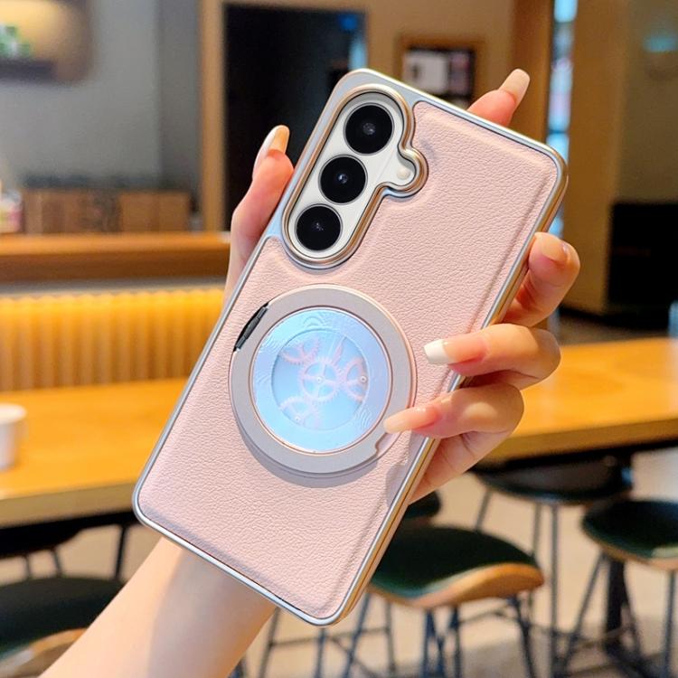 For Samsung Galaxy S26 5G Electroplated Side-mounted Vegan Leather Magnetic Phone Case with 360 Degrees Gear Rotating Holder(Pink)