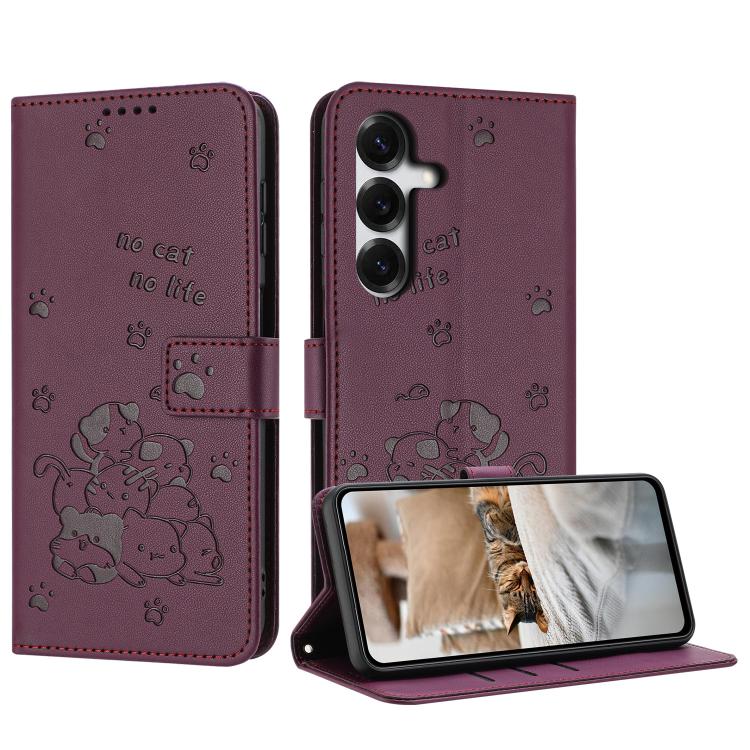 For Samsung Galaxy S26 5G Embossed Kitten Phone Leather Case with Lanyard(Wine Red)