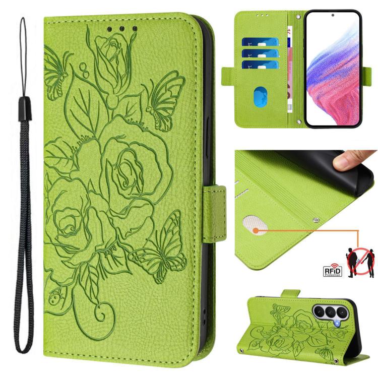 For Samsung Galaxy S26 5G Embossed Rose RFID Anti-theft Leather Phone Case(Green)