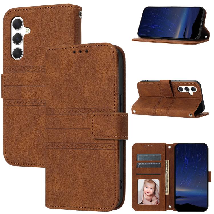 For Samsung Galaxy S26 5G Embossed Stripes Skin Feel Leather Phone Case(Brown)