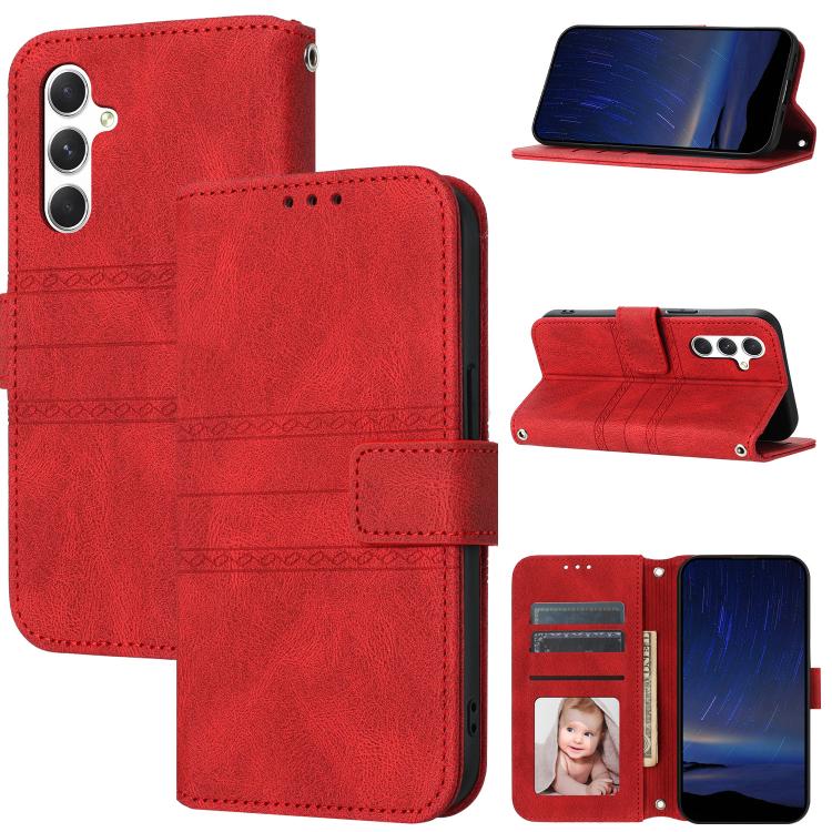 For Samsung Galaxy S26 5G Embossed Stripes Skin Feel Leather Phone Case(Red)