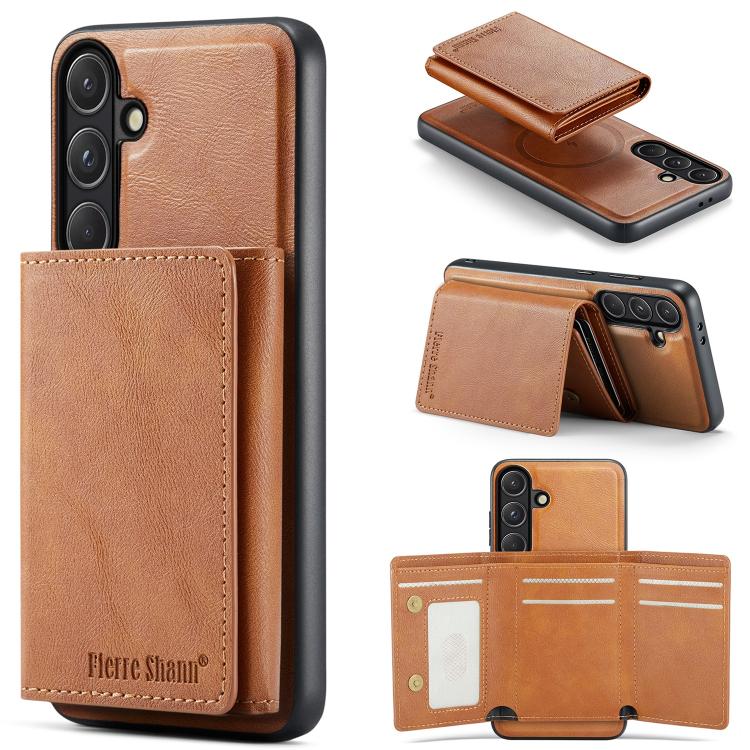 For Samsung Galaxy S26 5G Fierre Shann 2 in 1 Holder RFID Card Slot Wallet MagSafe Phone Case(Dark Brown)