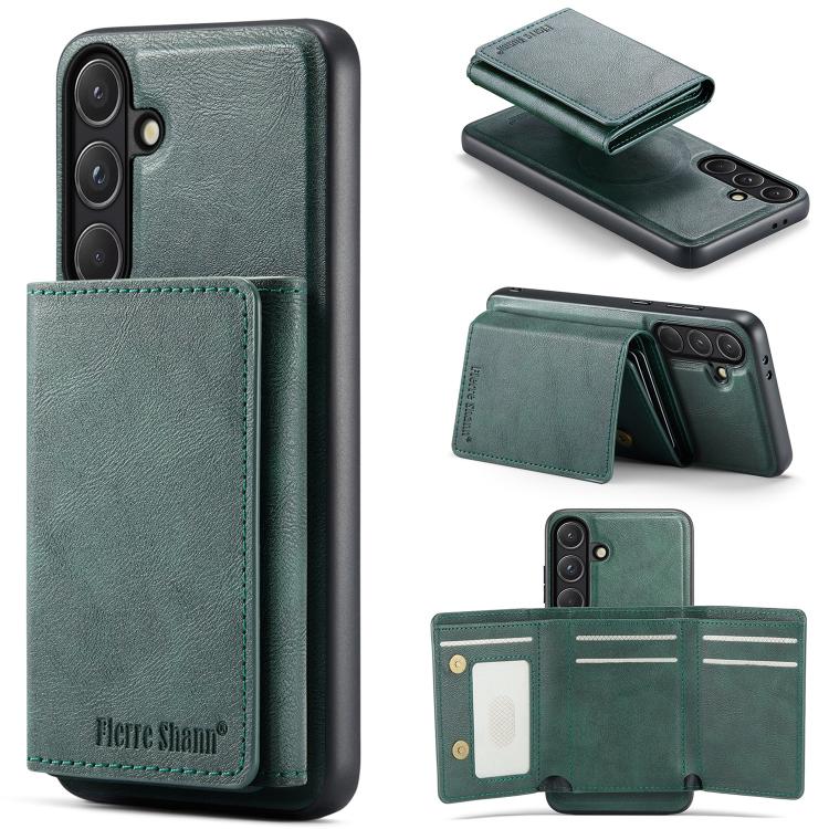 For Samsung Galaxy S26 5G Fierre Shann 2 in 1 Holder RFID Card Slot Wallet MagSafe Phone Case(Green)