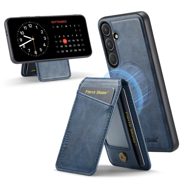 For Samsung Galaxy S26 5G Fierre Shann Cowhide Vertical Flip Magnetic Card Holder Phone Case(Blue)