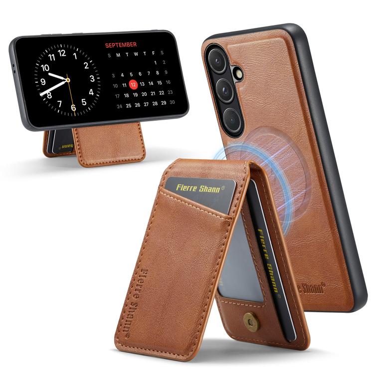 For Samsung Galaxy S26 5G Fierre Shann Cowhide Vertical Flip Magnetic Card Holder Phone Case(Brown)