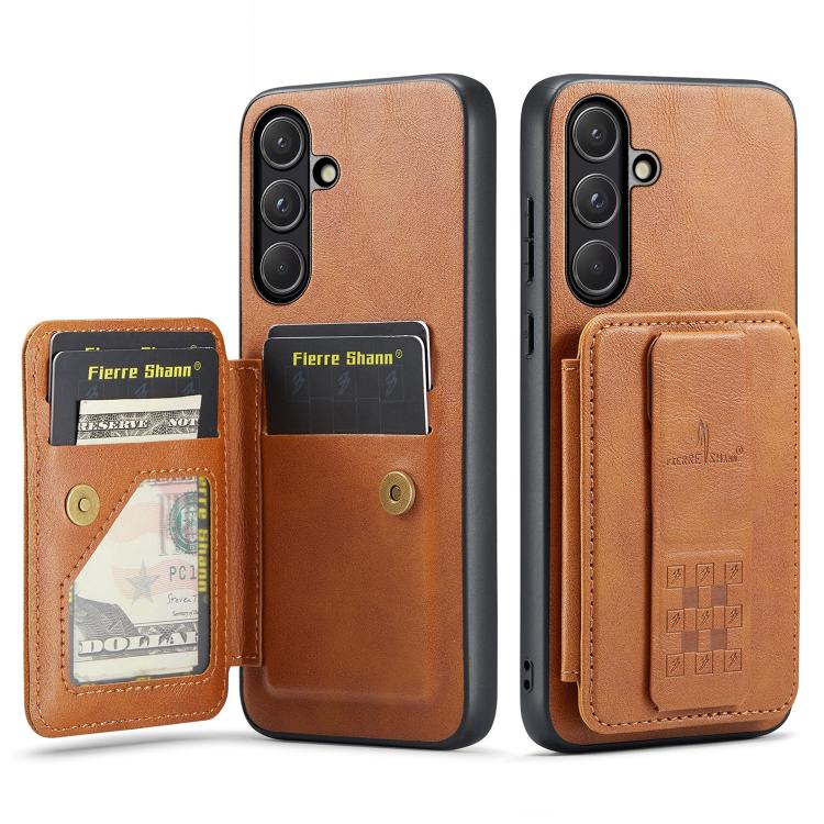 For Samsung Galaxy S26 5G Fierre Shann FS-024 Oil Wax Cow Leather Card Holder Back Phone Case(Brown)