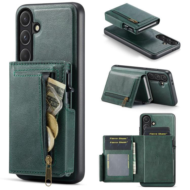 For Samsung Galaxy S26 5G Fierre Shann Oil Wax Vegan Leather Magnetic Card Holder Back Phone Case(Green)