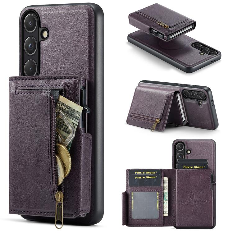 For Samsung Galaxy S26 5G Fierre Shann Oil Wax Vegan Leather Magnetic Card Holder Back Phone Case(Purple)