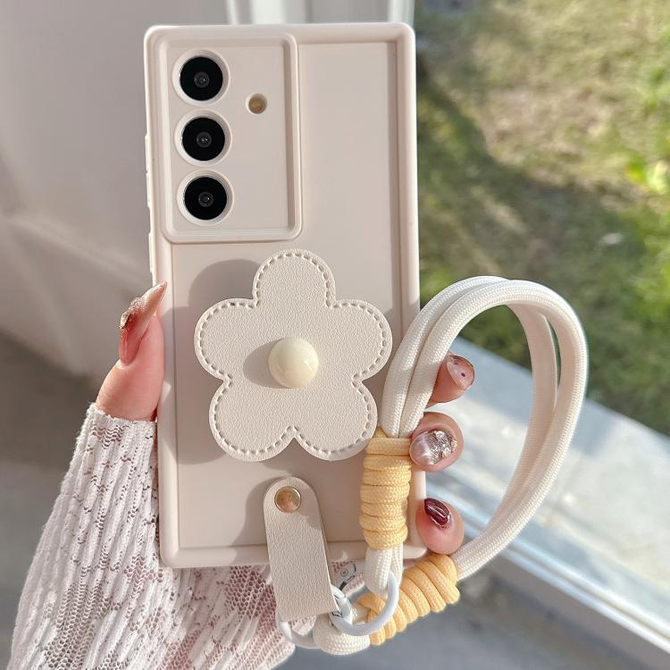 For Samsung Galaxy S26 5G Floral Holder TPU Phone Case with PU Buckle Lanyard(Beige)