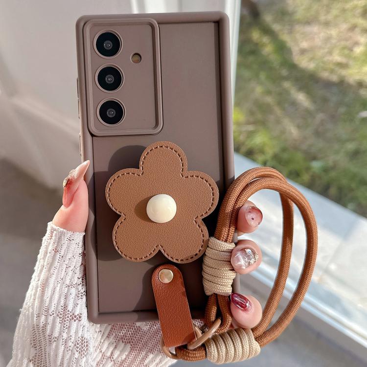 For Samsung Galaxy S26 5G Floral Holder TPU Phone Case with PU Buckle Lanyard(Coffee)
