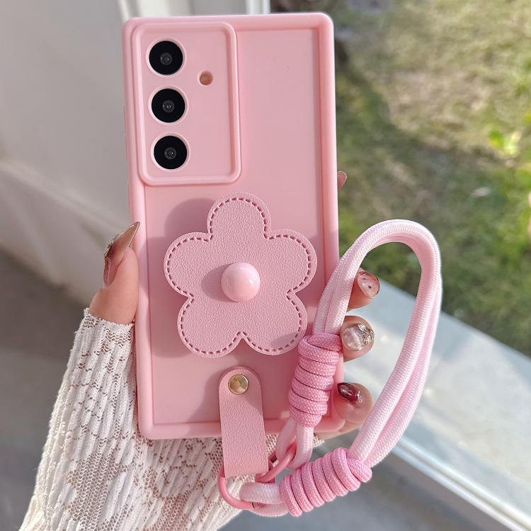 For Samsung Galaxy S26 5G Floral Holder TPU Phone Case with PU Buckle Lanyard(Pink)