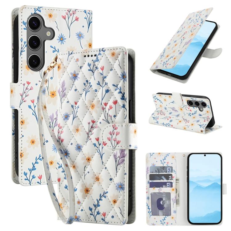 For Samsung Galaxy S26 5G Flower Pattern Buckle Leather Phone Case with Lanyard(Blue Flowers)