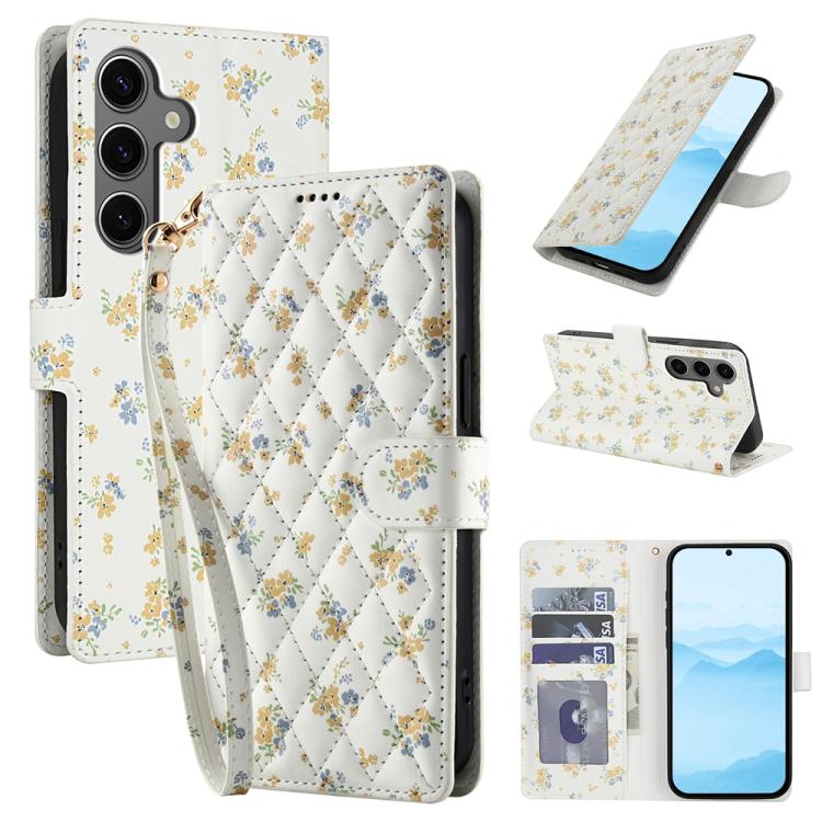 For Samsung Galaxy S26 5G Flower Pattern Buckle Leather Phone Case with Lanyard(Yellow Flowers)