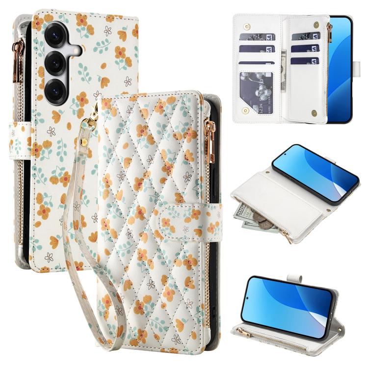 For Samsung Galaxy S26 5G Flower Pattern Zipper Wallet Vegan Leather Phone Case with Lanyard(Orange Flowers)