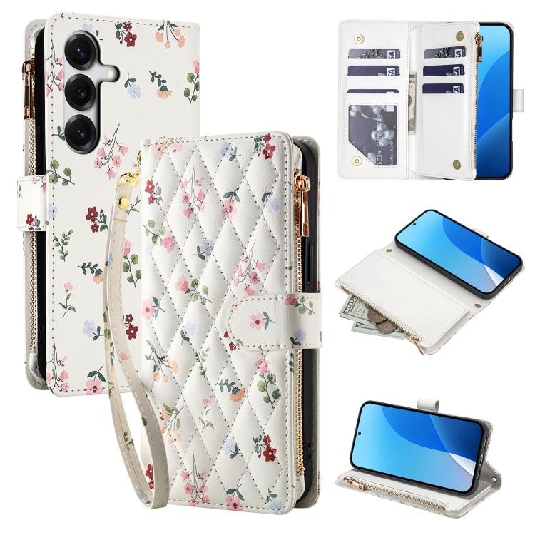 For Samsung Galaxy S26 5G Flower Pattern Zipper Wallet Vegan Leather Phone Case with Lanyard(Pink Flowers)