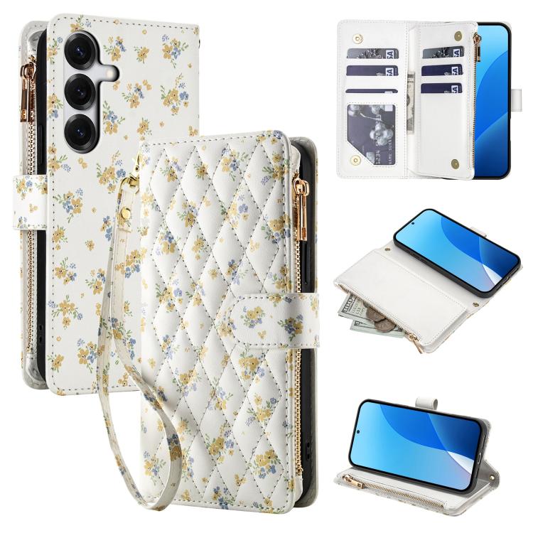 For Samsung Galaxy S26 5G Flower Pattern Zipper Wallet Vegan Leather Phone Case with Lanyard(Yellow Flowers)