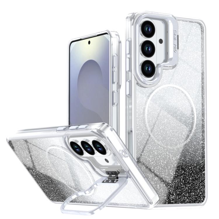 For Samsung Galaxy S26 5G Glitter Gradient Magnetic Lens Frame Holder Phone Case(Black)
