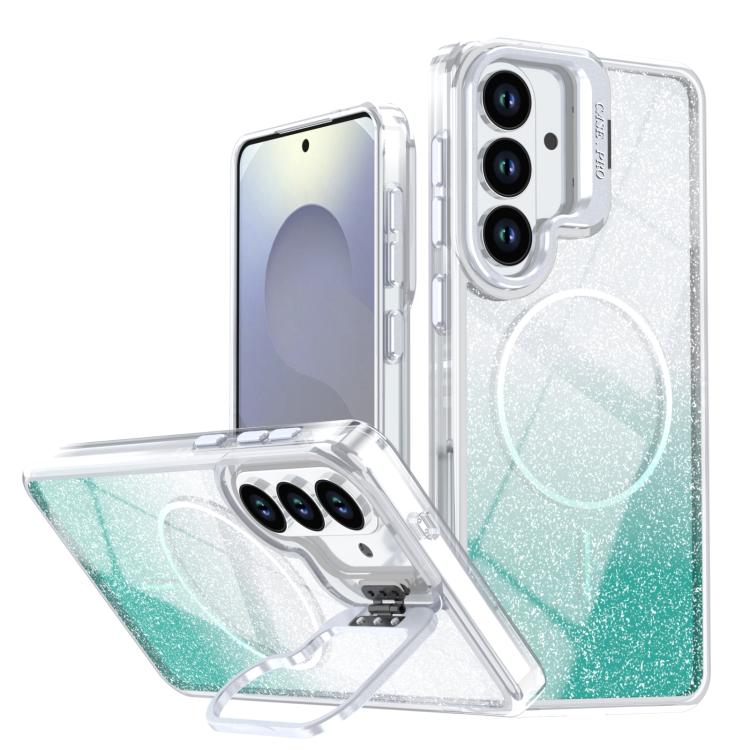 For Samsung Galaxy S26 5G Glitter Gradient Magnetic Lens Frame Holder Phone Case(Lake Green)