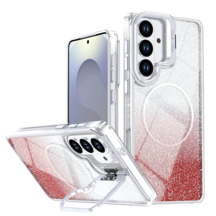For Samsung Galaxy S26 5G Glitter Gradient Magnetic Lens Frame Holder Phone Case(Red)
