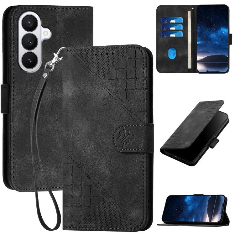 For Samsung Galaxy S26 5G Grid Butterfly Embossed Pattern Leather Phone Case with Lanyard(Black)