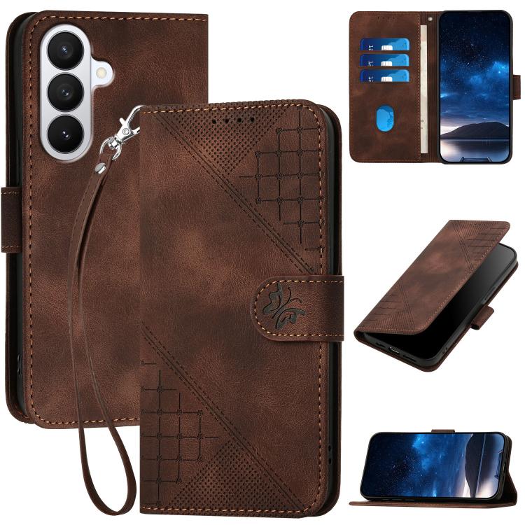 For Samsung Galaxy S26 5G Grid Butterfly Embossed Pattern Leather Phone Case with Lanyard(Coffee)