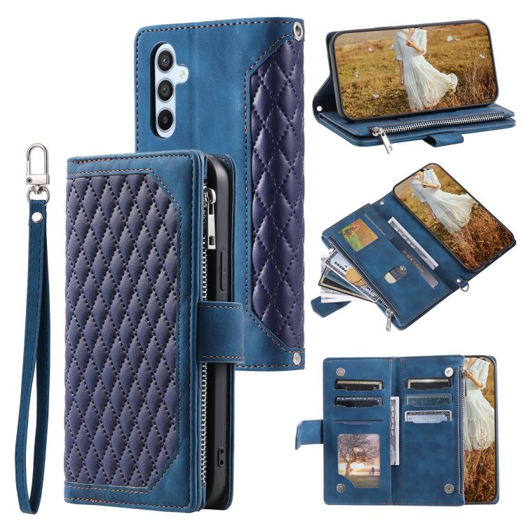 For Samsung Galaxy S26 5G Grid Texture Zipper Leather Phone Case with Lanyard(Blue)