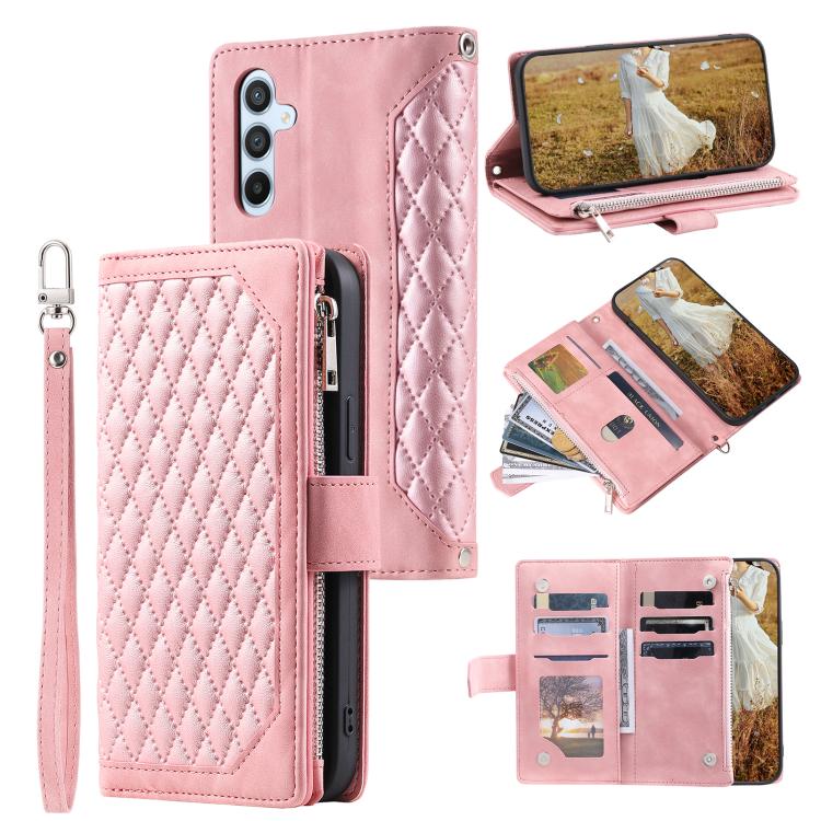 For Samsung Galaxy S26 5G Grid Texture Zipper Leather Phone Case with Lanyard(Rose Gold)