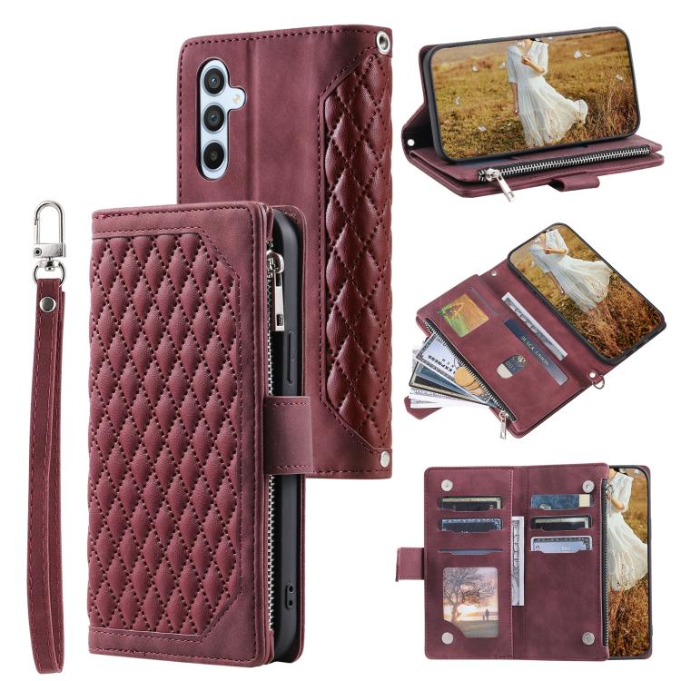 For Samsung Galaxy S26 5G Grid Texture Zipper Leather Phone Case with Lanyard(Wine Red)