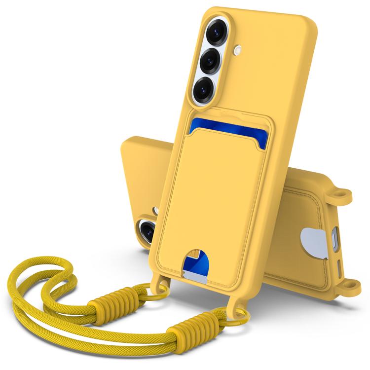 For Samsung Galaxy S26 5G Integrated Card Bag Solid Color Liquid Silicone Phone Case Gen2 with Short Lanyard(Yellow)