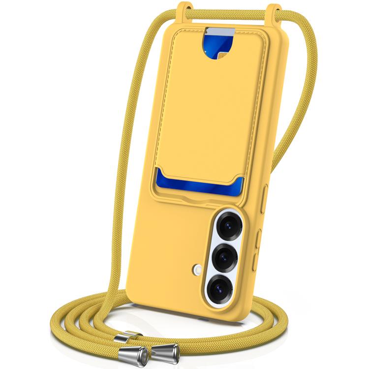 For Samsung Galaxy S26 5G Integrated Card Bag Solid Color Liquid Silicone Phone Case with Lanyard(Yellow)