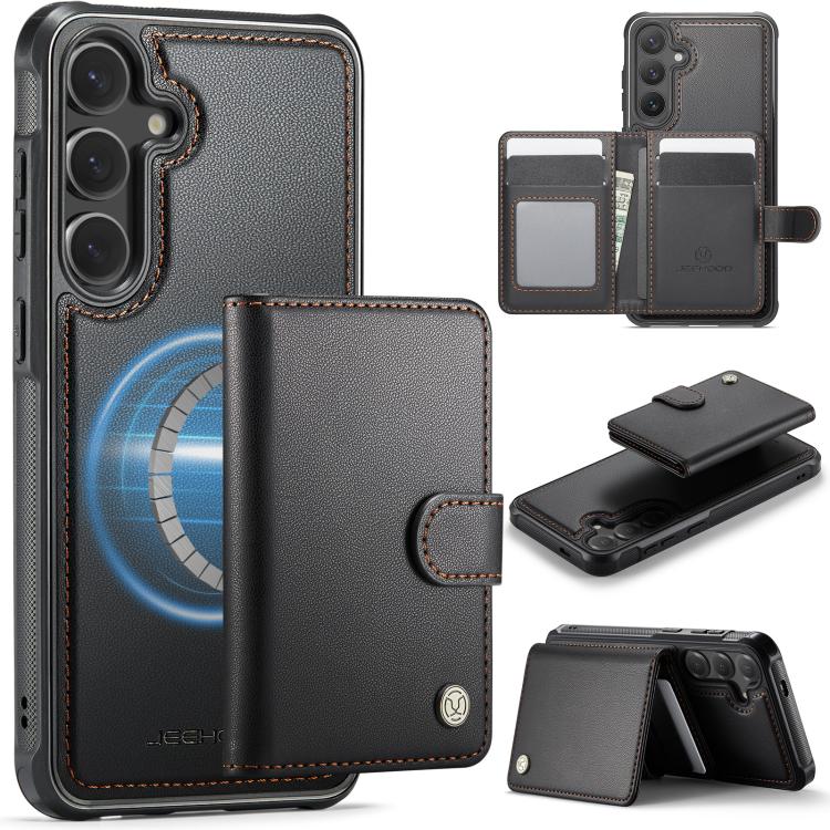 For Samsung Galaxy S26 5G JEEHOOD J09 Buckle Card Bag MagSafe Magnetic Style RFID Leather Phone Case(Black)