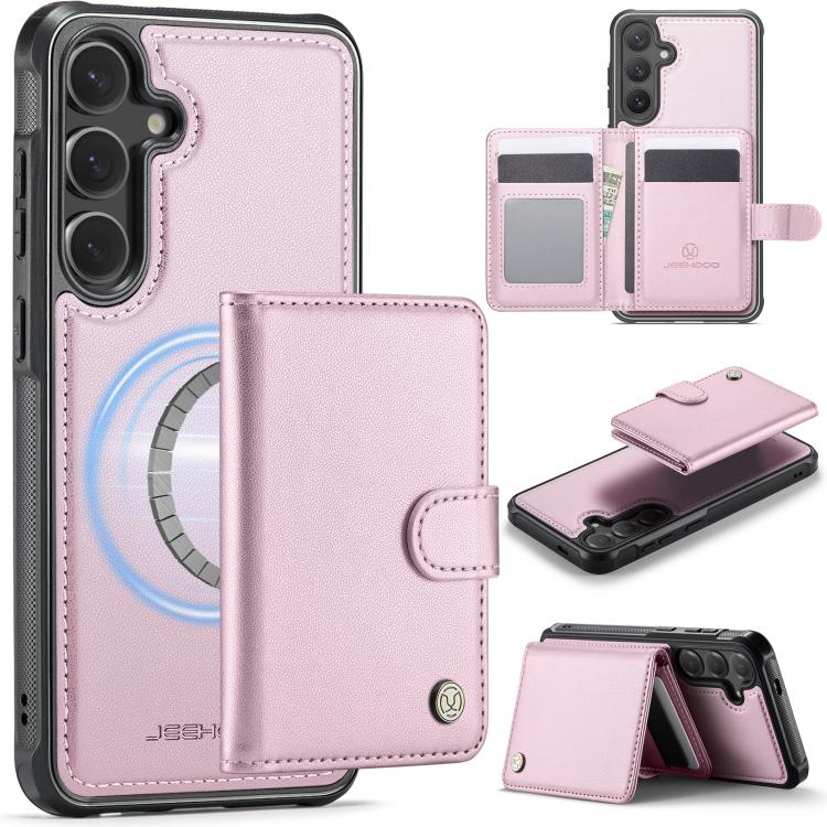 For Samsung Galaxy S26 5G JEEHOOD J09 Buckle Card Bag MagSafe Magnetic Style RFID Leather Phone Case(Pink)