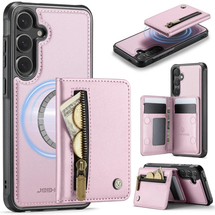 For Samsung Galaxy S26 5G JEEHOOD J12 Exquisite RFID MagSafe Zipper Card Bag Phone Case(Pink)