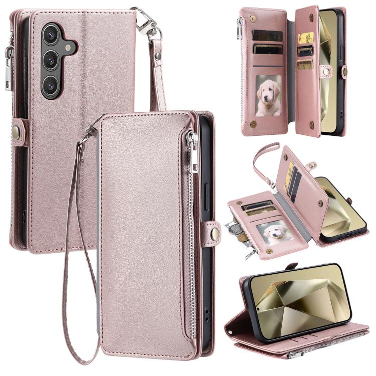 For Samsung Galaxy S26 5G Leather Stitching Multi-card Slot Zipper Phone Case(Rose Gold)