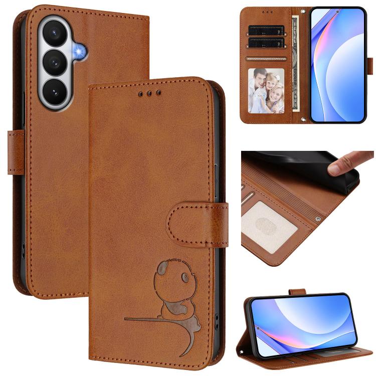 For Samsung Galaxy S26 5G Litter Panda Embossing RFID Leather Phone Case with Lanyard(Brown)