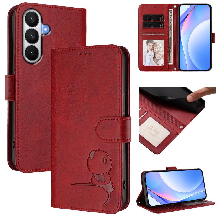 For Samsung Galaxy S26 5G Litter Panda Embossing RFID Leather Phone Case with Lanyard(Wine Red)