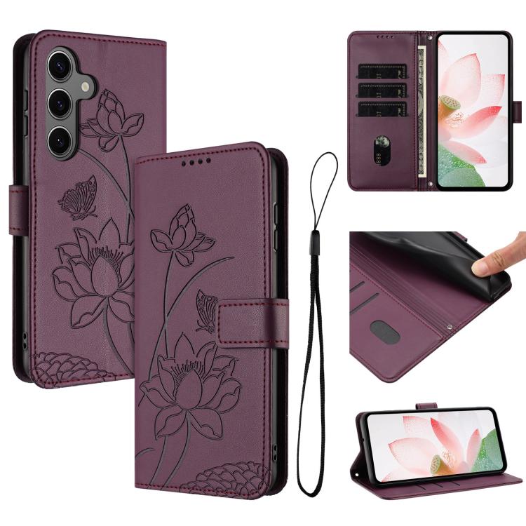 For Samsung Galaxy S26 5G Lotus Embossed Leather Phone Case with Lanyard(Wine Red)