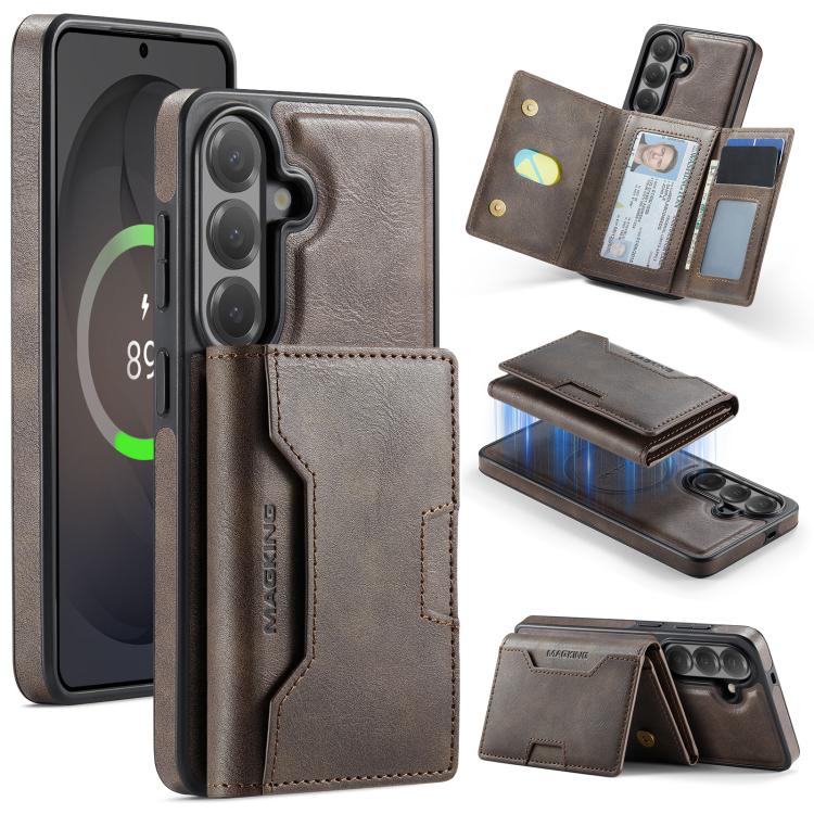 For Samsung Galaxy S26 5G MAGKING K4 Series MagSafe RFID Tri-fold Card Bag Detachable Phone Case(Coffee)