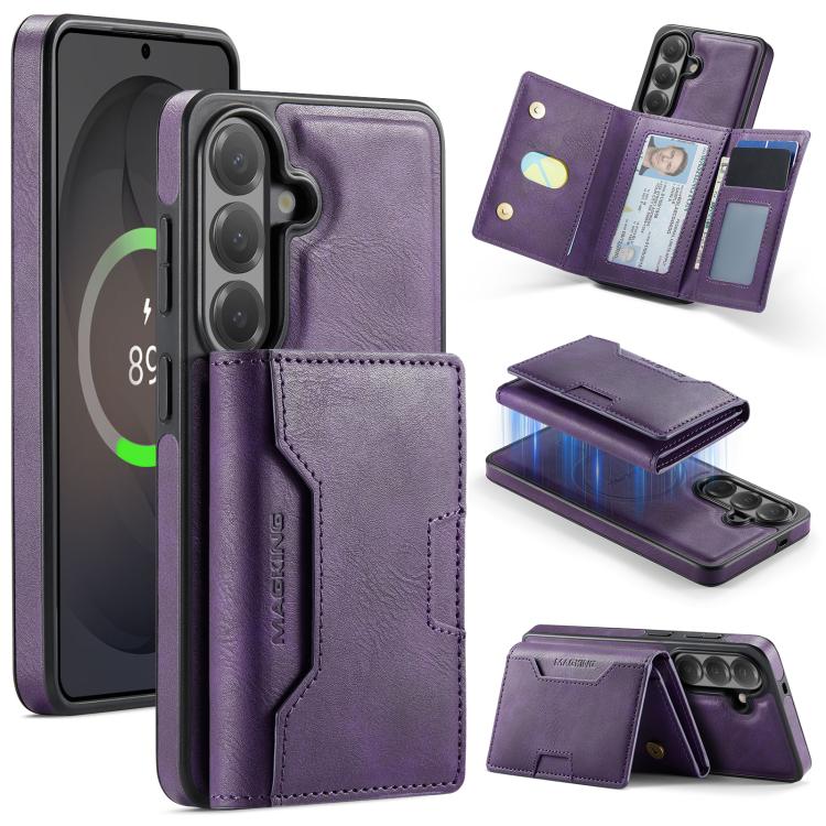 For Samsung Galaxy S26 5G MAGKING K4 Series MagSafe RFID Tri-fold Card Bag Detachable Phone Case(Purple)