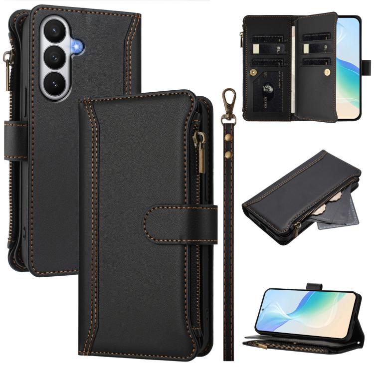 For Samsung Galaxy S26 5G Magnetic Closure 9 Card Slots Zipper Leather Case with Hand Strap(Black)