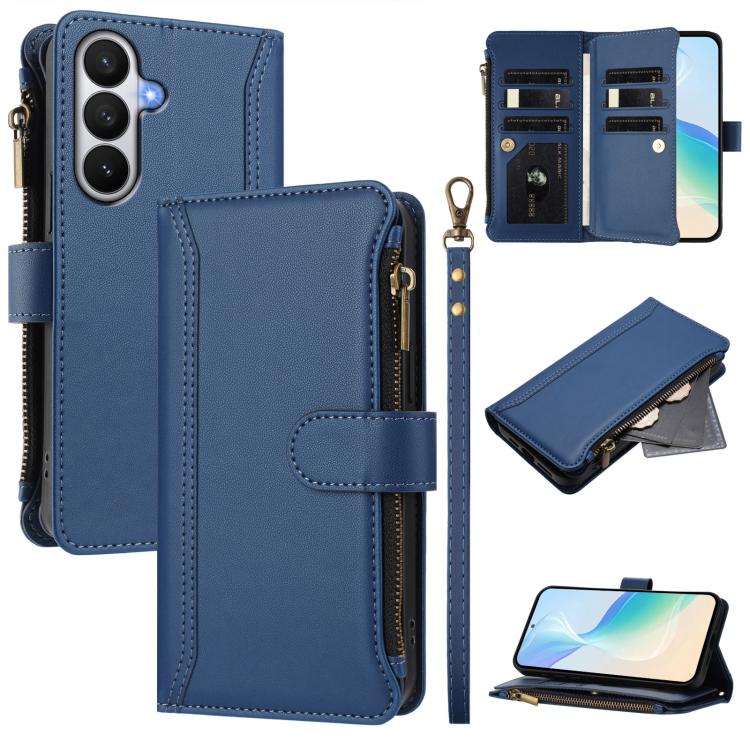 For Samsung Galaxy S26 5G Magnetic Closure 9 Card Slots Zipper Leather Case with Hand Strap(Dark Blue)