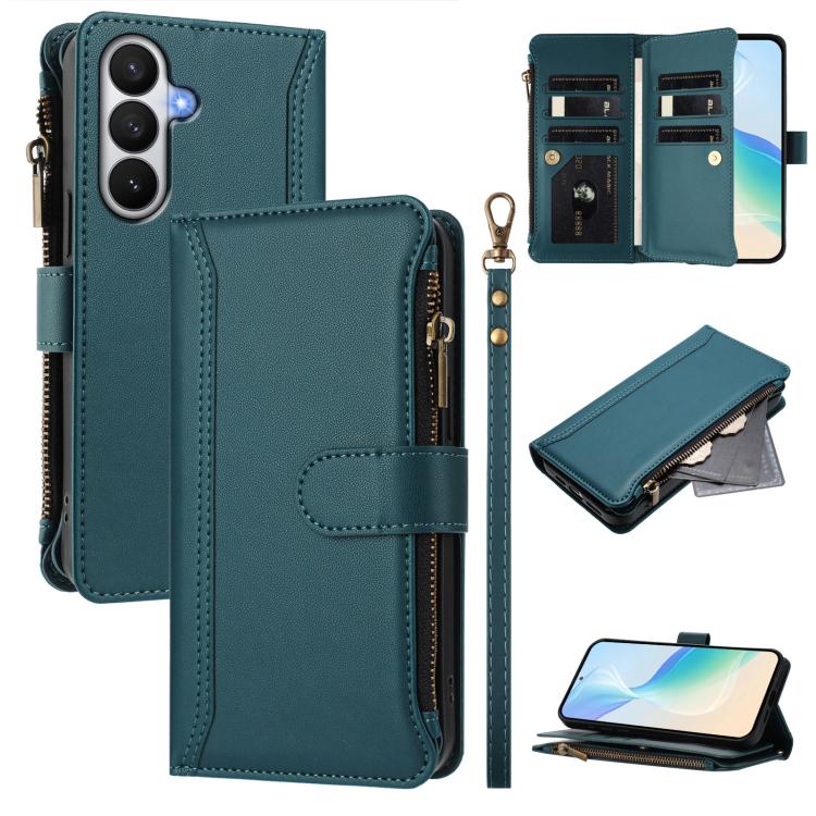 For Samsung Galaxy S26 5G Magnetic Closure 9 Card Slots Zipper Leather Case with Hand Strap(Dark Green)
