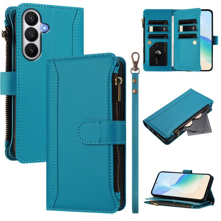 For Samsung Galaxy S26 5G Magnetic Closure 9 Card Slots Zipper Leather Case with Hand Strap(Turquoise)