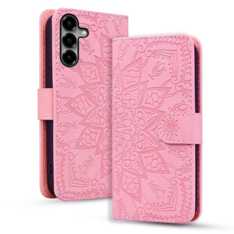 For Samsung Galaxy S26 5G Mandala Embossed Dual-Fold Calf Leather Phone Case(Pink)