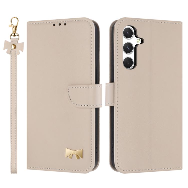 For Samsung Galaxy S26 5G Metal Bow Leather Phone Case with Hand Strap(Apricot)
