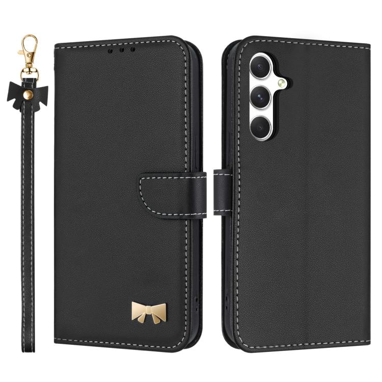 For Samsung Galaxy S26 5G Metal Bow Leather Phone Case with Hand Strap(Black)
