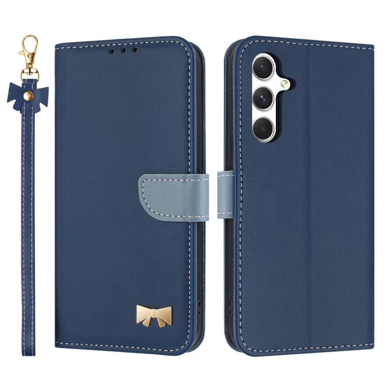 For Samsung Galaxy S26 5G Metal Bow Leather Phone Case with Hand Strap(Dark Blue)
