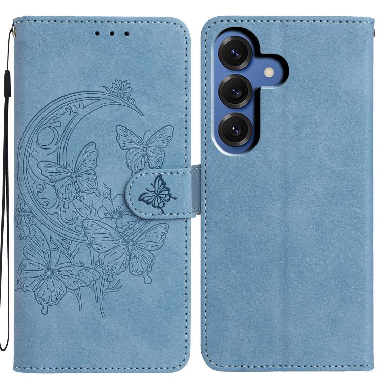 For Samsung Galaxy S26 5G Moonlit Butterfly Dance Pattern Embossed Leather Phone Case(Blue)