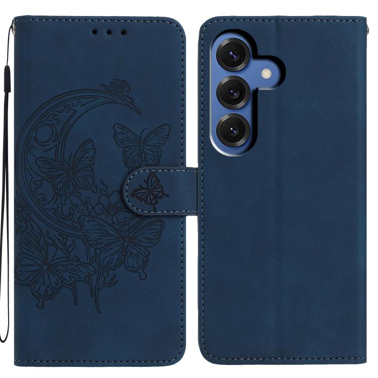 For Samsung Galaxy S26 5G Moonlit Butterfly Dance Pattern Embossed Leather Phone Case(Navy Blue)